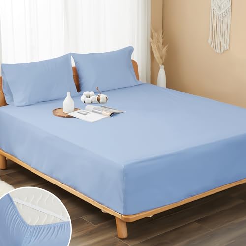 "HOMTEC 100% Cotton Percale Fitted Sheet King Size, 8-15"" Deep Pocket Cooling Bottom Sheet, Breathable Soft & Crisp Fitted Sheet Only with 4 Corner Straps (King, Placid Blue)"