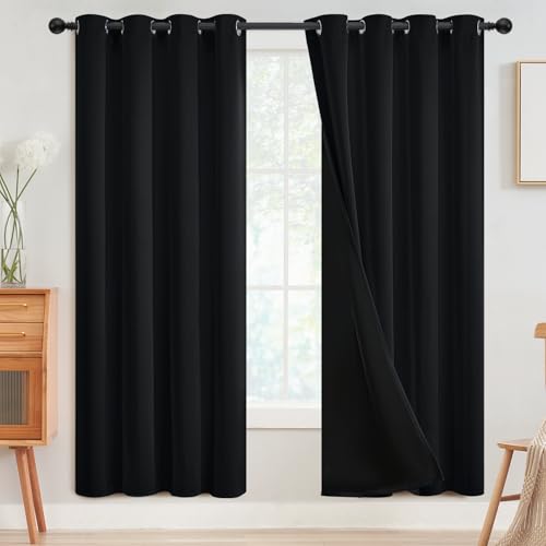 SimpleHome Black 100% Blackout Curtains Room Darkening Living Room 72 Inch - Curtains for Bedroom,Thermal Insulated Grommet Window Drapes,Curtains for Living Room with Black Back,52 x 72 Inch,2 Panels