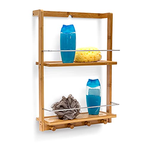 Relaxdays Bamboo Shower Caddy Shelf Organiser with 2 Shelves Shower Rack with Moisture-Resistant Wood for Kitchen and Bathroom Bathroom Shelf or Spice Rack with 4 Hand Towel Hook, Natural