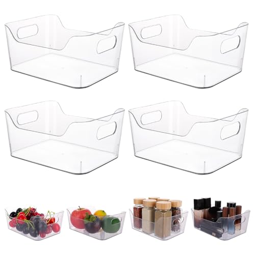 ASelected 4PCS Clear Plastic Storage Organisers Fridge Storage Box with Handles Design Drawer Trays for Desk, Makeup , Kitchen Pantry Cabinet, Cupboard (19.7x13.9x7.7CM)