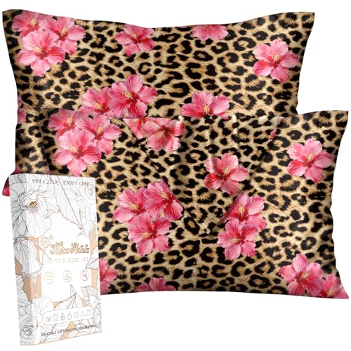 Miss Adola Silk Pillow Cases 2 Pack - King Size 20 x 36 Inch Mulberry Silky Pillowcase for Hair and Skin Soft Cute Aesthetic Bed Sleeping Pillow Cover with Zipper for Women, Leopard Flower