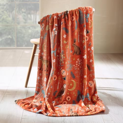 Catherine Lansfield Enchanted Twilight Animals Cosy Fleece 130x170cm Blanket Throw Burnt Orange