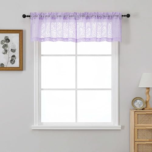 OVZME Valances for Windows 14 Inch Length 2 Panels, Dual Rod Pocket Light Filtering Valances for Kitchen, Soft Airy Short Sheer Curtains with Leaf Jacquard Clip Design, Lavender, 2x42Wx14L Inches