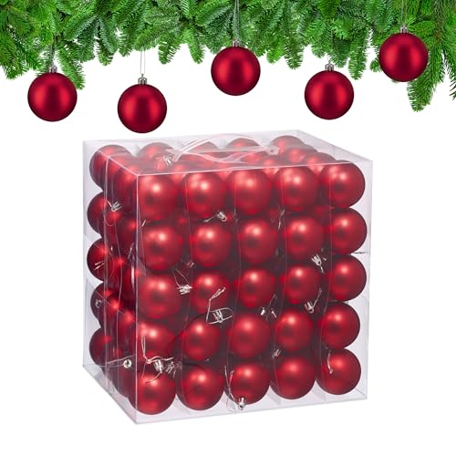 Relaxdays Christmas Baubles, Set of 100, Festive Tree Ornaments, D: 6 cm, Holiday Decorations, Plastic, Matte, Red