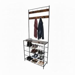 Relaxdays coat rack, 4 shoe shelves, 2 hook rails, hallway coat rack HxWxD 190 x 80 x 30 cm, iron, black/brown