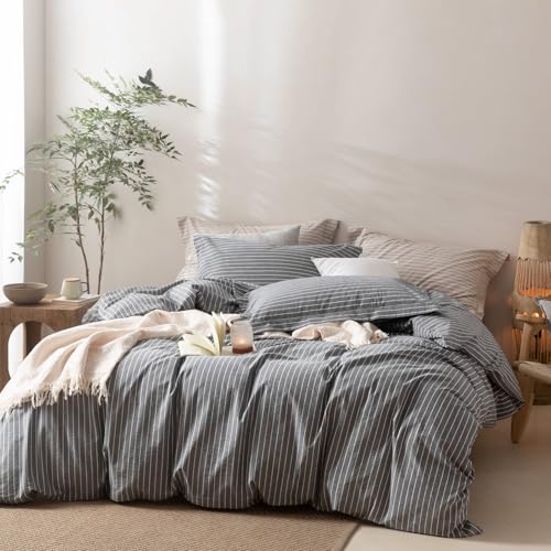 BDEAR Pinstripe Duvet Cover Queen Size 90x90in, 100% Washed Cotton Duvet Cover with Zipper Closure and 2 Pillowcases, Stripe: Dark Grey-White