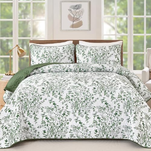 "WONGS BEDDING Quilt Set Queen Size - Floral Printed, Polyester Coverlet, Breathable All-Season, Fits Queen 96""x90"", Perfect for Bedroom Guest Room Home Decor"