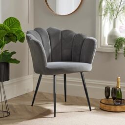 Home Source Velvet Scallop Shell Chair Wing Back Armchair Occasional Sofa, Grey, Black Metal Legs