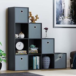 Vida Designs Durham Staircase Bookcase Shelves Storage Organiser Living Room Furniture (10 Cube & 5 Grey Baskets, Black)