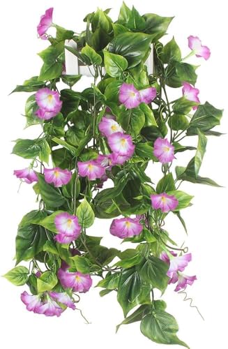 GTIDEA Artificial Vines, 2pcs 15Feet Morning Glory Hanging Plants Silk Garland Fake Green Plant Home Garden Wall Fence Stairway Outdoor Wedding Hanging Baskets Decor Purple
