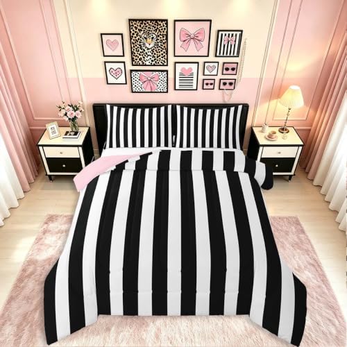 Erosebridal Black and White Striped King Comforter Set (Pink Reversible) - Striped Bedding Set Pink and Black Comforter Sets for Kids Teens Adults Cute Pinstripe Girls Bed Quilt Sets