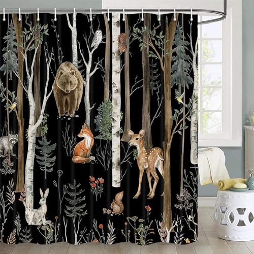 JAWO Rustic Forest Shower Curtain for Bathroom, Country Hunting Bear Deer Wild Animals Farmhouse Lodge Curtain, Cabin Nature Bathroom Set with Hooks, 70X70 Inch, Black