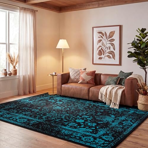 Safavieh Distressed Rug for Living Room, Dining Room, Bedroom - Adirondack Collection, Short Pile, in Black and Teal, 240 X 300 cm