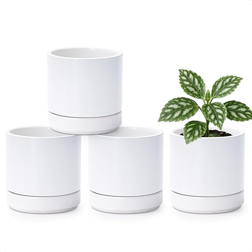 Set of 4 Small Succulent Plant Pots, 4.3 Inch Ceramic Planter Pot for Plants with Drainage Hole and Saucer, White, 94-F-XS-1