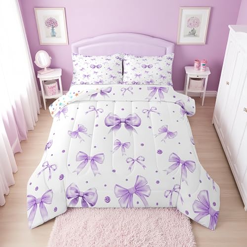 Erosebridal Cute Purple Bow Queen Bedding Set for Girls - Purple Ribbon Bow Tie Comforter Set for Kids Teen, Girly Coquette Bows Bed Set, Princess Bowtie Room Decor, 2 Pillowcases