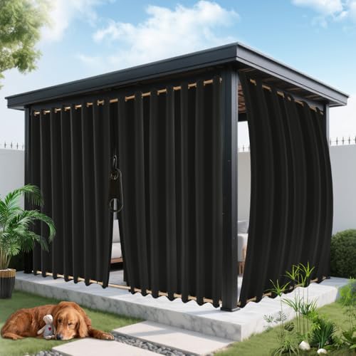ROFASVCO Outdoor Curtains for Patio Waterproof, Zipper Design 2 Panels Privacy Weatherproof Blackout Curtain Top & Bottom Grommet Outside Drapes for Porch Gazebo Pergola (110 x 120 inch, Black)