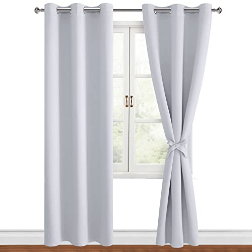 Hiasan Blackout Curtains for Bedroom, 42 x 84 Inches Long - Thermal Insulated & Light Blocking Window Curtains for Living Room/Kids Room, 2 Drape Panels Sewn with Tiebacks, Greyish White