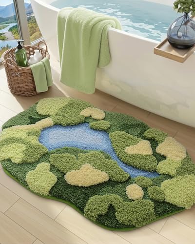 DEXI Moss Bath Mat, Ultra Thick Soft Green Bathroom Rug, Non Slip Washable Bathmat, Water Absorbent Microfiber Carpet Rugs for Shower Floor, Sink, Bedroom, 24x43, Moss Green