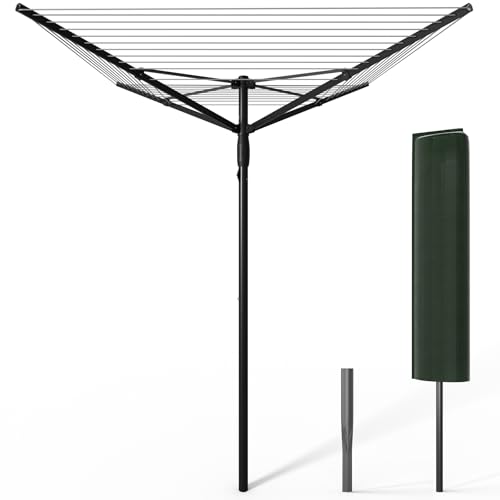 VOUNOT?? 45m 4 Arm Rotary Washing Line with Cover & Metal Ground Spike, Heavy Duty Foldable Outdoor Clothes Airer, Whirligig Rotary Dryer for Garden, Black