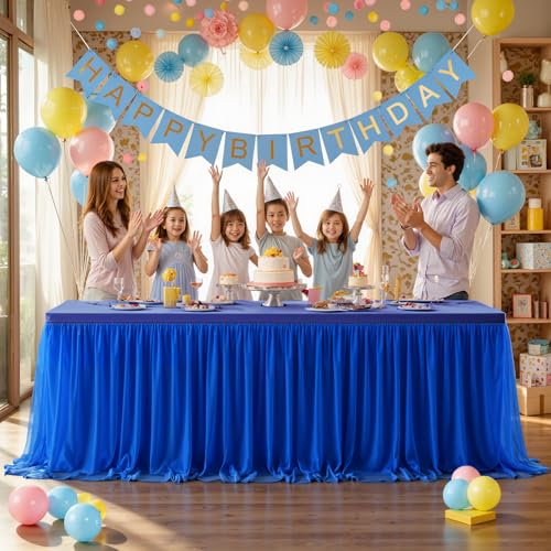 Royal Blue Tablecloth Rectangle 6 Foot Stretch Elastic Fitted Tulle Ruffle Tablecloths Rectangular Spandex Table Covers 6ft Birthday Baby Shower Wedding Party Table Cloths with Skirt