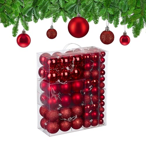 Relaxdays Christmas Baubles, Set of 50, Tree Ornaments, Holiday Decorations, Plastic, Glittery, Matte & Shiny, Red