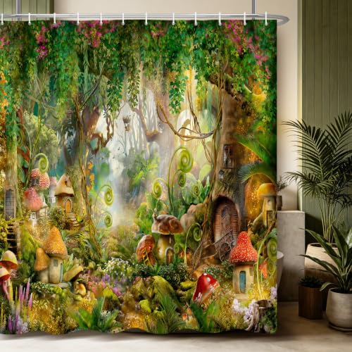 Renaiss 72x72 Inches Enchanted Forest Shower Curtain for Bathroom Fairy Tales Fantasy Mushroom Wonderland Jungle Fabric Shower Curtains Bath Curtain Set Waterproof Polyester with Hooks