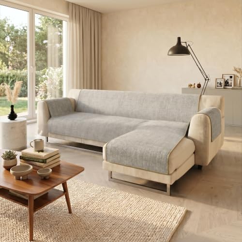 Italian Bed Linen Comfort anti-slip sofa cover with chaiselongue Right, Beige, 290cm