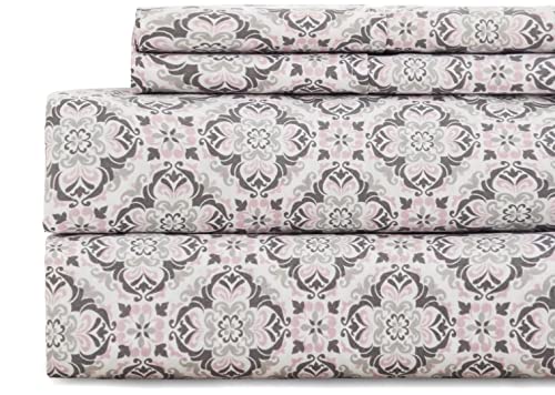 KaceMoo King Sheet Set 4PC Printed Sheets Beige Floral Pattern Boho Sheets Cooling Deep Pocket Microfibe Bed Sheet King Size, Luxury, Soft, Breathable, Hypoallergenic, Wrinkle Free for Kids Room, Dorm