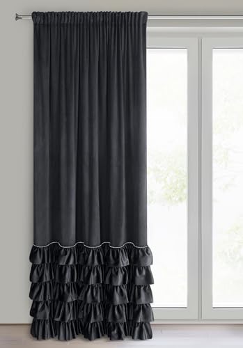 Eurofirany Carli Velvet Curtain with Ruffle, Velvet Curtain with Ruffle Tape, 1 Piece, Opaque, Blackout, Exclusive Curtain for Living Room, Bedroom, 140 x 250 cm, Black