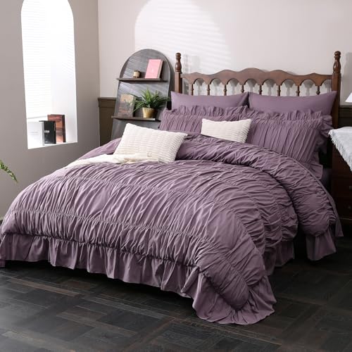 Herside Purple Ruched Comforter Set Queen Size,Boho Ruffle Bedding 9 Pcs Bed-in-a-Bag,Fluffy Luxury Ruffle Comforter Bedding with Flat Sheet, Fitted Sheet, Pillow Shams, Pillowcases for All Season