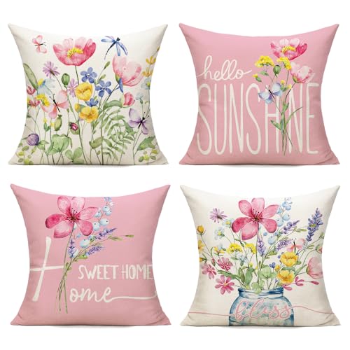 WOKANI Spring Outdoor Throw Pillow Covers 18x18 Set of 4 Garden Flowers Farmhouse Patio Decorative Cushion Covers Home Decor Couch for Sofa Bedroom Livingroom, Pink