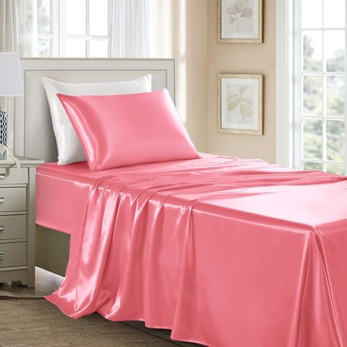 GOLAL Pink Satin Sheets Twin XL Size - 3 Pieces Silky Soft Bed Sheets - OEKO-TEX Certified Luxury Wrinkle-Free Silky Soft Sheets Friendly for Hair and Skin,Designed for Elegant Bedroom Decor