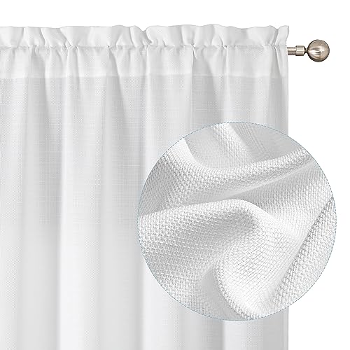 "Chyhomenyc White Curtains 84 Inch Length 2 Panels, Faux Linen Textured Semi Sheer Light Filtering Soft Airy Privacy Farmhouse Curtain Drapes for Living Room Bedroom, 40"" Wx84 L"