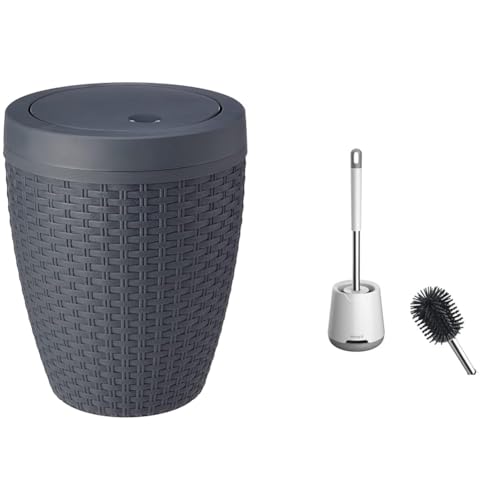 Addis Faux Rattan Round Swing Lid Bathroom Bin, Charcoal, 517488 & Ibergrif M34152 Silicone Toilet Brushes & Holders, Deep Cleaner, Toilet Brush with Quick Drying Holder Set for Bathroom