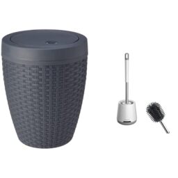 Addis Faux Rattan Round Swing Lid Bathroom Bin, Charcoal, 517488 & Ibergrif M34152 Silicone Toilet Brushes & Holders, Deep Cleaner, Toilet Brush with Quick Drying Holder Set for Bathroom