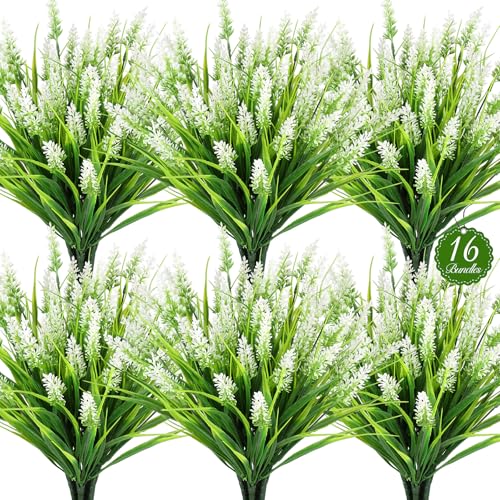 AmberFun 16 Bundles Artificial Plants Outdoor, UV Resistant Fake Lavender & Monkey Grass, Realistic Plastic Faux Plants for Balcony, Patio, Porch Greenery Decor, Planter Filler???White