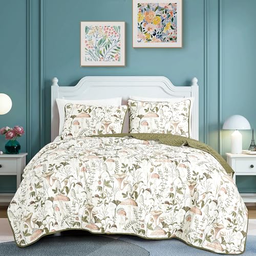 ESCA 3-Piece Teige Olive Mushroom Bedspread Set with 2 Pillow Shams, Mushroom Quilt Set King Size