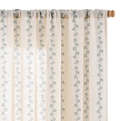 "Lazzzy Blue Striped Curtains 84 inches Long Linen Boho Drapes 2 Panels for Bedroom Living Room Privacy Light Filtering Curtains Rod Pocket Back Tab, 50""x84"", Blue on Linen"