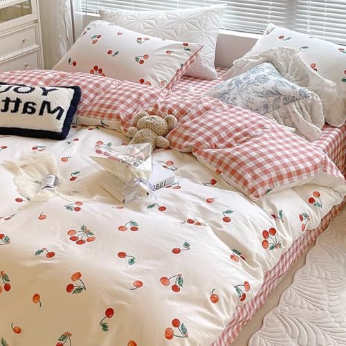 Bildenly Twin Size Duvet Cover - White & Red Cherry Pattern on Side A, Checked Pattern on Side B, Comforter Cover Soft & Lightweight Microfiber Quilt Cover with Zipper Closure and 1 Pillowcase