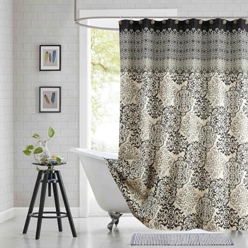 "BESTRIPES Extra Long Fabric Shower Curtain, Black and Beige Boho Medallion Print Shower Curtains for Bathroom, 72"" W x 84"" H"