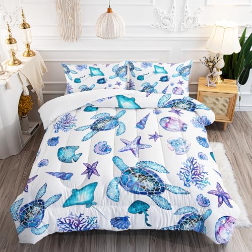 XYNHML Blue Sea Turtle Comforter 3Pcs Ocean Bedding Set Full Coral Starfish Shell Fish Bedding Set for Kid Teen Girl Boy Adult Bed Decor Conch Manta Ray Quilt with 1 Comforter and 2 Pillowcases