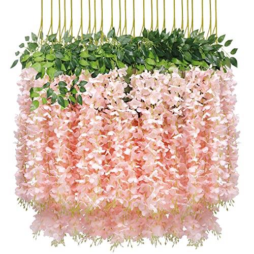U'Artlines 12 Pack (Total 43.2 Feet) Artificial Fake Wisteria Vine Rattan Hanging Garland Silk Flowers String Home Party Wedding Decor (12, Light Pink)
