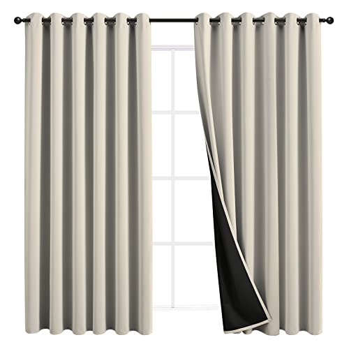 JSFLY 100% Blackout Curtains 108 inch Length for Bedroom, Thick Noise Reduction Thermal Insulated Grommet Window Drapes Light Blocking Curtains for Living Room, 2 Panels (84x108 inches,Beige)