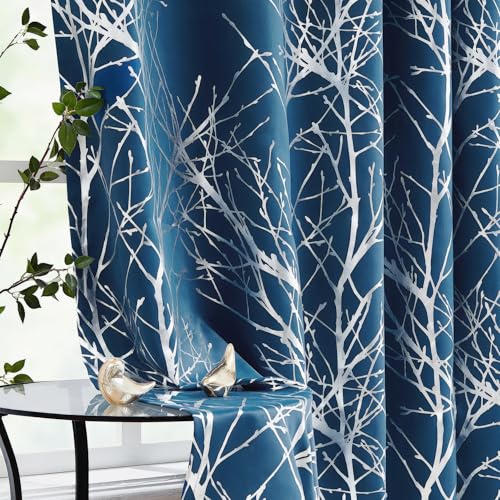 Fmfunctex Silver Tree Blue Blackout Curtains 63 inches for Living Room Bedroom Metallic Branch Print Window Panels Thermal Insulated Drapes for Guest Room Hotel Grommet Top Navy 2 Pack