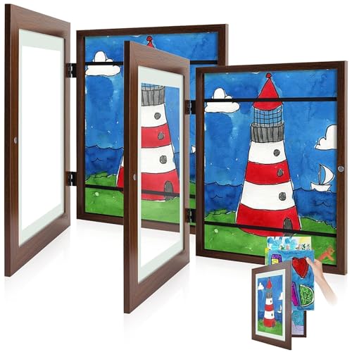 Golden State Art, Kids Art Frames Front Opening Holds 50 Pack, Kids Artwork Frames Changeable 9X12, Brown Storage Frame Display for Kid Artworks, Children Art Projects/Drawing, 3D Picture, 2 Pack