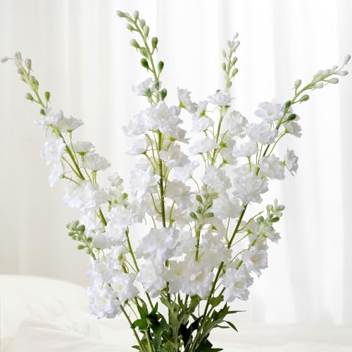 JINWOE 4Pcs White Delphinium Artificial Flowers for Outdoors, 34''Long Stem Faux Silk Delphinium Flowers, Lifelike Real Touch Fake Flowers for Tall Vase Home Wedding Office Decor