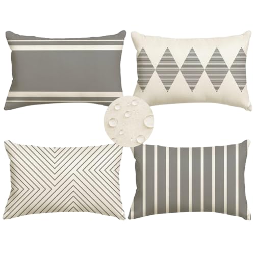 "RABUSOFA Outdoor Pillows Covers 12x20 inch Waterproof,Black and Beige Boho Lumbar Throw Cushion Case Set of 4 for Patio Furniture for Couch Sunbrella(2W-12) (Grey and White, 20"" x 12"" (Pack of 4))"