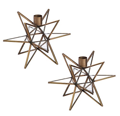Evergreen Brass Moravian Star Taper Candle Holders - Set of 2 - 7 Inches Tall - Metal - Holiday Advent Friendsgiving Thanksgiving Christmas Table Setting Tabletop Decoration