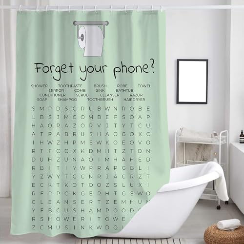 VeiVian Funny Bathroom Decor Shower Curtain Sage Green and White Bath Curtain, Fun Bathroom Word Search Forget Your Phone Bathroom Humor Shower Curtain Fabric Bathroom Accessories with Hooks 70X70IN