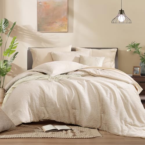 Monbix Queen Comforter Set 7 Pieces Birch Marble Bed in a Bag - Lightweight All Season Bedding Sets with Comforter, Sheets, Pillowcases & Shams